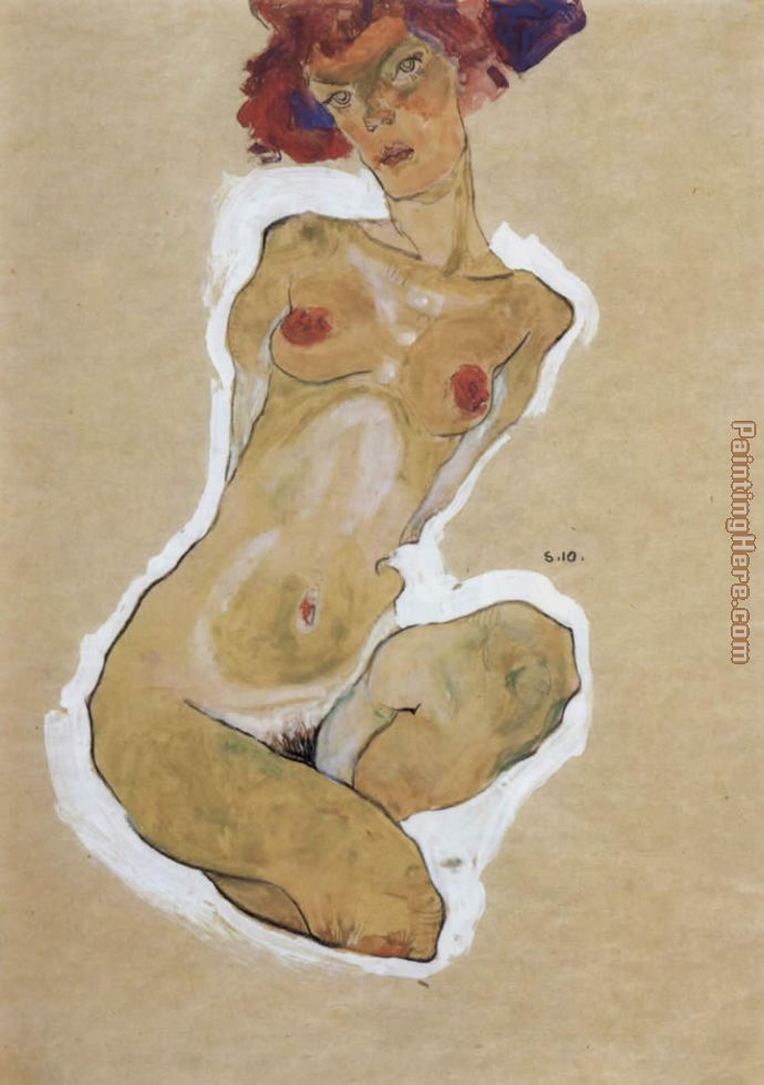 Squatting feminine act painting - Egon Schiele Squatting feminine act art painting
